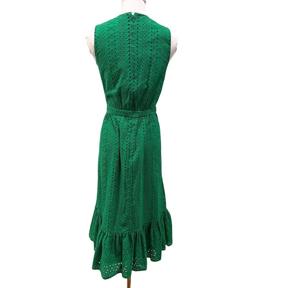 J.Crew Emerald Green Eyelet Midi Dress Ruffle Hem Resort Summer 100% Cotton 6 - Picture 3 of 10